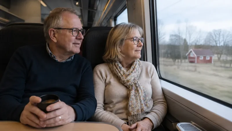 Äldre par som reser med tåg och tittar ut genom fönstret