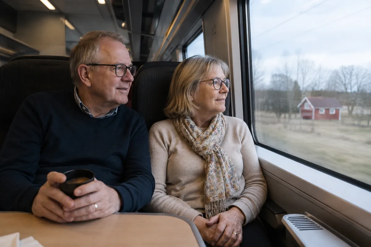 Äldre par som reser med tåg och tittar ut genom fönstret