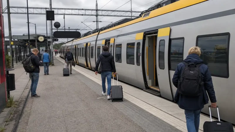 Resenärer med resväskor kliver på ett regionaltåg vid en perrong under tågresor en mulen eftermiddag